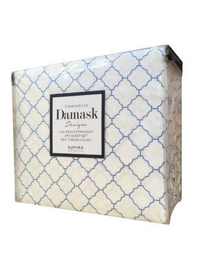 new ARABESQUE Charter Club 550 TC Cotton CAL KING X-Deep Sheet Set BLUE on WHITE